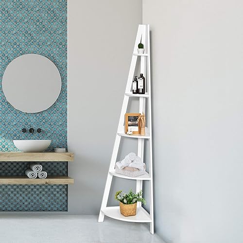 COSTWAY Étagère d'angle, Étagère de Rangement à 5 Niveaux, Bibliothèque d'angle, pour Bureau, Maison, Salle de Bain, 39 x 39 x 175 cm (L x l x h), Blanc - Nail Gallerys