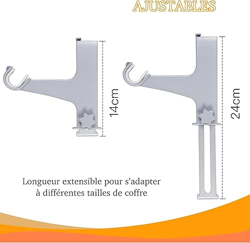 Lot de 2 Supports de Tringle à Rideaux Sans Perçage - hauteur ajustable 14 à 24 cm - 7 kg max - fixation sur coffres de volets roulants, (argenté) - Nail Gallerys