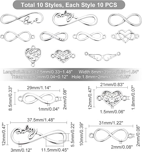 PH PandaHall Connecteurs de bijoux, 100pcs 10 styles Infini/Cœur/Aile Liens en alliage Charmes Amour Bijoux Connecteur Pendentifs pour DIY Bracelets Collier Bijoux Artisanat, Argent Antique - Nail Gallerys