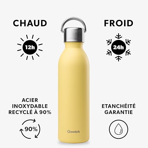 Qwetch - Bouteille Isotherme Active Citron 600ml - Gourde avec Anse Inox Recyclé - 24h Froid et 12h Chaud - Etanche, Ergonomique & Compacte - Nail Gallerys