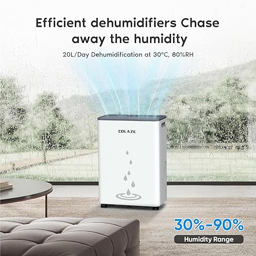 COLAZE Deshumidificateur d air 20L/24h, Déshumidificateur électrique pour les pièces jusqu'à 150m³/50m², Deshumidificateur anti moisissure, Desumificateur d humidité silencieux avec tuyau d'évacuation - Nail Gallerys