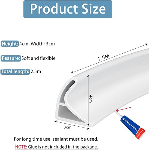 Zayejod 1M Barrière de Douche Pliable Barre de Seuil Douche Silicone Anti-débordement Barrage d’Eau Joint Douche pour Toilettes Salle de Bain Baignoire(Blanc, 3cm Hx2cm W) - Nail Gallerys