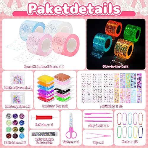 Meetory Kit de bulles Nano Tape - Brille dans le noir - Ruban adhésif magique nano multi-usage - Convient pour les jeunes filles - Avec autocollants à paillettes - Kit de bricolage - Favors - Nail Gallerys