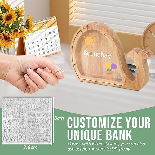 Tirelire en bois en forme d'animal pour enfants et adultes, pour garçons et filles, tout-petits, décoration d'intérieur, cadeau d'anniversaire, avec autocollants de l'alphabet, cochon (baleine) - Nail Gallerys