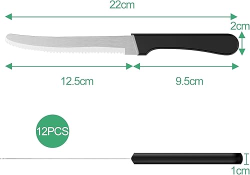 Maxentico 12 set couteau cuisine, couteaux de cuisine en Acier Inoxydable, couteau de table tranchant denté, couteau office, couteaux cuisine de table, couteau a steak, Lame de 12.5 Cm, Noir - Nail Gallerys