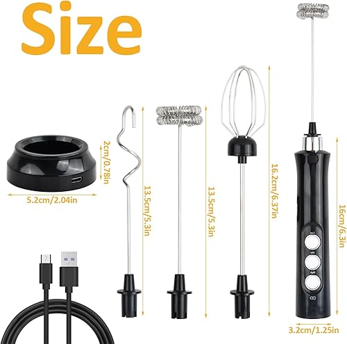 vesaneae Mousseur à Lait Électrique, Mousseur à Lait USB Rechargeable, Batteur Électrique, Réglable en 3 Vitesses, avec 3 Fouets en Acier Inoxydable, pour Café, Matcha, Colacao, EW-071 -Noir - Nail Gallerys