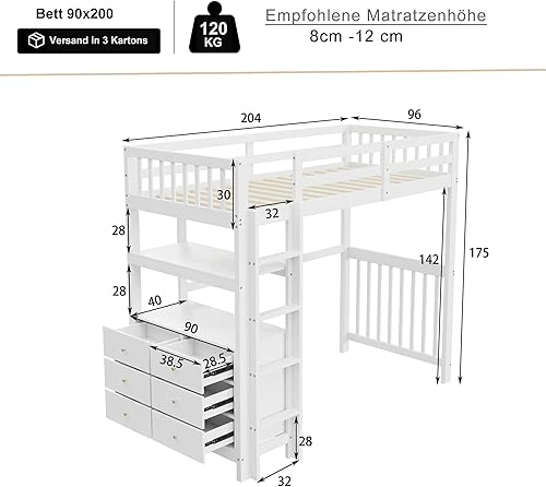 Merax Lit Mezzanine 90 x 200 cm avec Tiroir, Multifonctionnel Lit Mezzanine 1 Place avec Étagère, Blanc et Bois (sans Matelas) - Nail Gallerys