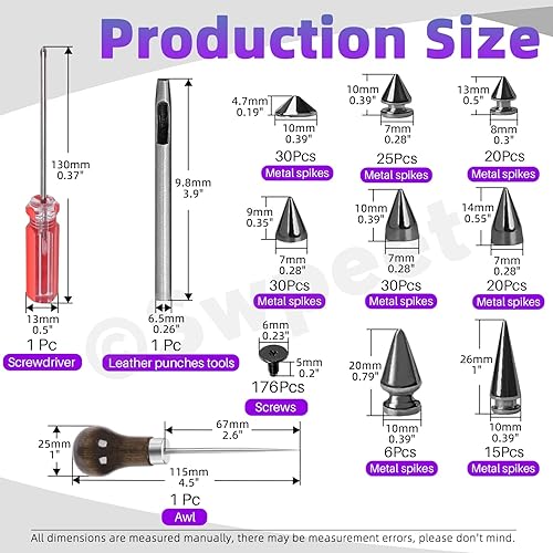 Swpeet 179 Sets 8 Sizes Bronze Cone Spikes with Scratch Awl Screwdriver Punch Assortment Kit, Punk Spikes and Studs Metal Tree Spikes Bullet Spikes Screwback Studs for Punk Clothing Craft DIY - Nail Gallerys