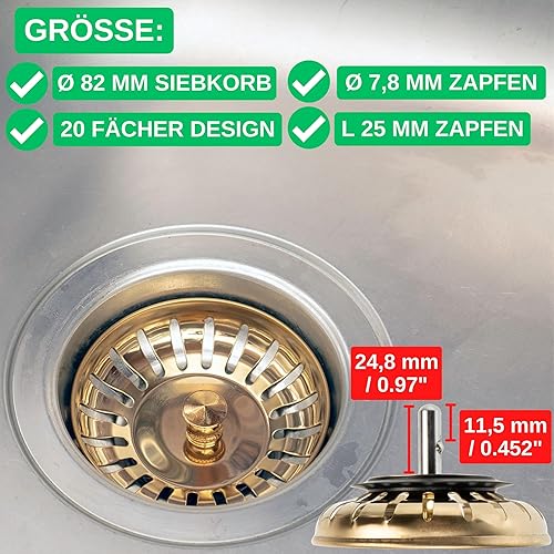 Panier à tamis pour évier, avec Ø 80 mm, le broche dépasse 30 mm dans l'écoulement, Ø 7,8 mm broche, bouchon de panier en acier inoxydable, tamis pour évier, crépine vanne de panier à tamis couleur or - Nail Gallerys