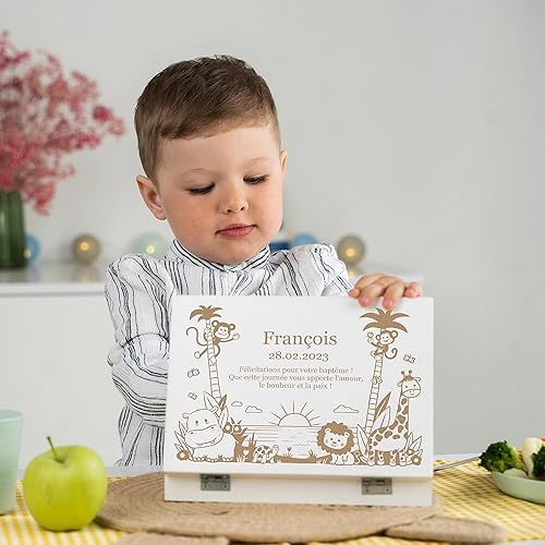 LAUBLUST Couverts personnalisés pour Enfants avec boîte Cadeau personnalisée en Bois - Couverts Enfant INOX - Jungle - 4 pièces - Cadeau personnalisé - Nail Gallerys