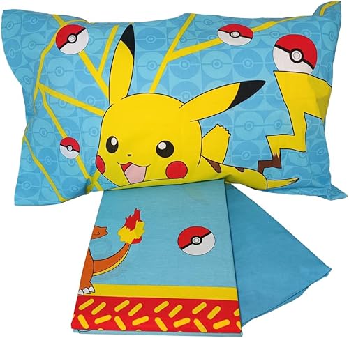 Pokemon, Parure de lit 1 Place, Drap Plat, Drap Plat, taie d'oreiller, 100% Coton, Produit Officiel - Nail Gallerys
