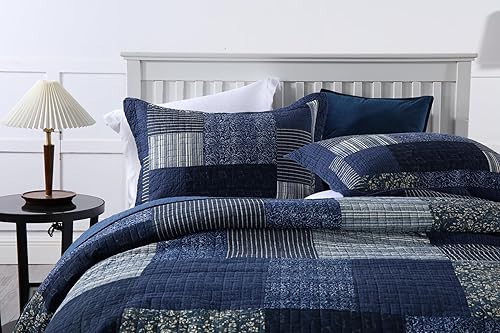 Qucover Couvre-lit matelassé 100 % coton patchwork vintage et élégant fait main avec 2 taies d'oreiller assorties pour très grand lit, bleu foncé et gris, couleurs mélangées - Nail Gallerys