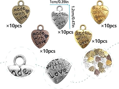 AOYEGIC Lot de 50 pendentifs en forme de cœur,pendentifs en forme de cœur vintage en métal,mini breloque antique, accessoires de bijoux,boutons faits à la main,étiquette avec Made with Love(coloré) - Nail Gallerys