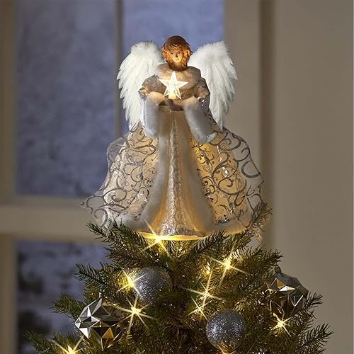 Topper Sapin Noël Ange, 30cm Ange Pointe Sapin Noël Lumineuse Étoile, Cime De Arbre De Noël Figurine d'ange, Pointe De Sapin De Noël avec Lumière LED, pour Décorations De Fête À Domicile - Nail Gallerys