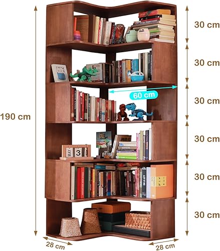 Vockol Bibliothèque d'angle, 190 cm Bibliothèque Organisatrice en Bois Massif, Étagère d'angle à 6 Niveaux, Grande Bibliothèque d'angle pour Salon, Chambre à Coucher et Bureau à Domicile, Noyer - Nail Gallerys