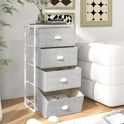 KOMFOTTEU Commode avec 3/4 Tiroirs en Tissu Amovibles & Pliable, Meuble de Rangement avec Plateau en Bois, idéal pour Chambre, Salon, Bureau, Étude (4 Tiroirs (45 x 30 x 94 cm)) - Nail Gallerys