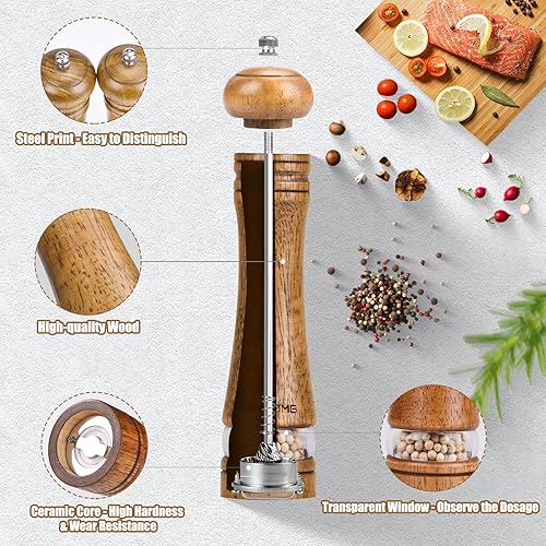 Lot de 2 moulins à sel et poivre en bois - Broyeur à épices réglable - Broyeur à épices en céramique avec soucoupe et fenêtre transparente - 2 brosses pour différentes épices (21 cm) - Nail Gallerys
