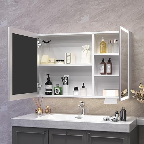 Aovquof Armoire à miroir avec éclairage - 100 x 60 cm - Armoire de salle de bain avec espace de rangement - Avec lumières LED à intensité variable et fonction démoulage - Couleur crème moderne - Nail Gallerys