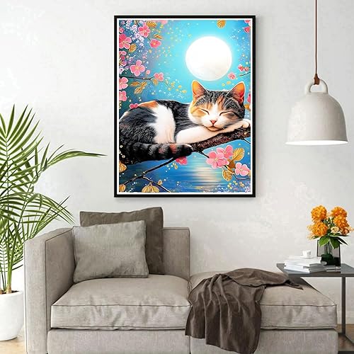 DPHERO 5D Chat Endormi Diamond Painting Kits, DIY Lune Art du Diamant Painting Kit Complet, Fleurs Broderie Kits de Peinture sur Diamant Point de Croix Painting pour Adultes Débutants 30x40 cm - Nail Gallerys