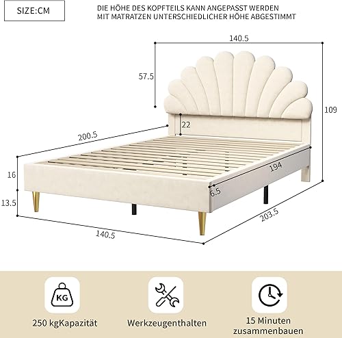 Lit rembourré pour enfant 140 x 200 cm avec sommier à lattes et tête de lit réglable, avec tête de lit LED en forme de couronne - Cadre de lit double pour fille (blanc avec rose A), 140 x 200 cm - Nail Gallerys