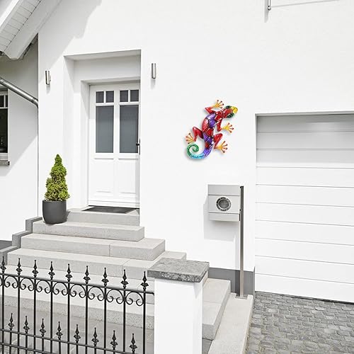 Gecko Décoration Murale Métal, Décoration Art Mural de Gecko en Fer Ornements Mur Forme de Lézard à Suspendre 43x27cm Coloré Fissure Gecko Sculptures Murales pour Patio Jardin Clôture Décor (rouge) - Nail Gallerys