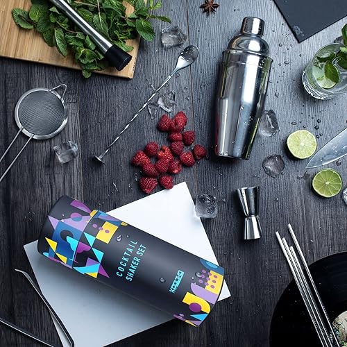 Kit Mojito Shaker Cocktail Set, Coffret Cocktails Cadeau Original Femme Homme Couple, Service Complet Professionnel Shakers Alcool Doseur Gradué Pilon INOX Cuillère Bar Passoire Pince Glaçons Pailles - Nail Gallerys