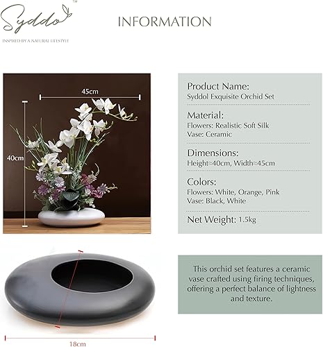SYDDOL Arrangement de fleurs phalaenopsis artificielles de 43,2 cm dans un pot en céramique pour décoration de maison, de fête de mariage, de fête des mères (blanc + pot noir) - Nail Gallerys