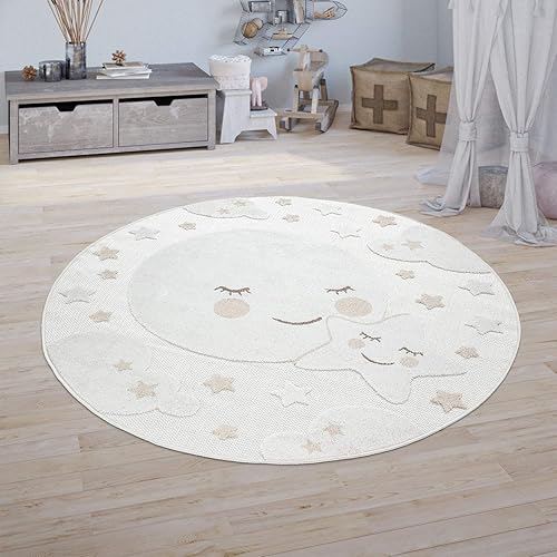 Tapis Chambre d'enfant Garçon Fille Tapis De Jeu Rond Aspect 3D Lune Beige, Dimension:Ø 160 cm Rond - Nail Gallerys