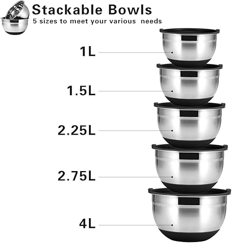 Bol en inox - JUNING Bols Mélangeurs, Set de 5 Saladiers en acier inoxydable 18/10, hochpolierte technique, Set Bol mélangeur/saladier en inox, cuisson Essentiel Ustensiles de cuisine - Nail Gallerys