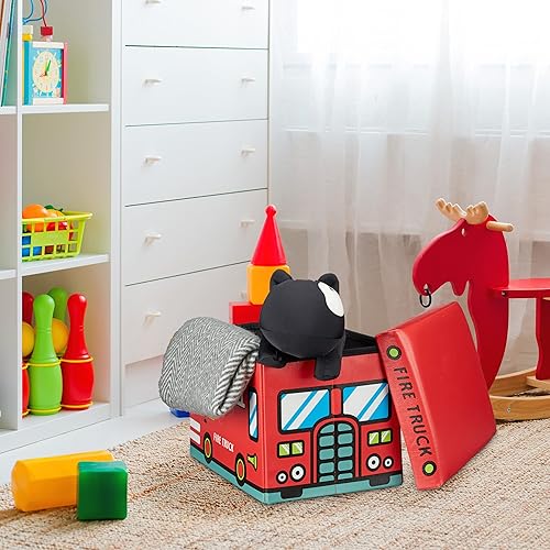 Relaxdays 10020376 Coffre à jouets similicuir boîte à jouets couvercle tabouret pouf enfant pliable H x l x P: 32 x 48 x 32 cm capacité 37 L, pompiers - Nail Gallerys