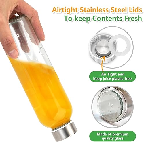 KAHEIGN 10 Pièces Bouteilles en Verre avec Couvercles Hermétique en Acier Inoxydable, 540ml /18oz Bocal à Jus Anti-Fuite Transparente Réutilisable avec Brosse de Nettoyage, Entonnoir, Bac à Glaçons - Nail Gallerys