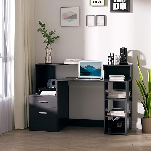 HOMCOM Bureau Informatique Bureau avec Rangement multimédia Design Multi-rangements 137 L x 55 l x 92 H cm chêne Blanc - Nail Gallerys