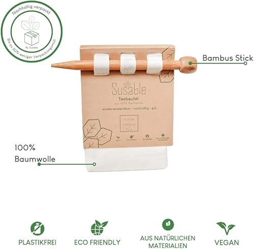 Susable Lot de 2 sachets à thé réutilisables en tissu I 100 % coton bio I Filtre à thé permanent Filtre réutilisable (1 petit, 1 grand) I Avec 1 bâton en bambou - Nail Gallerys