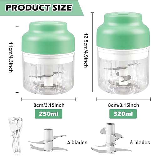 Hachoir électrique avec port USB, mini robot de cuisine 250 ml, 320 ml, coupe-légumes électrique, avec 4 et 6 lames tranchantes, presse-ail multifonction pour viande, légumes, fruits (vert) - Nail Gallerys