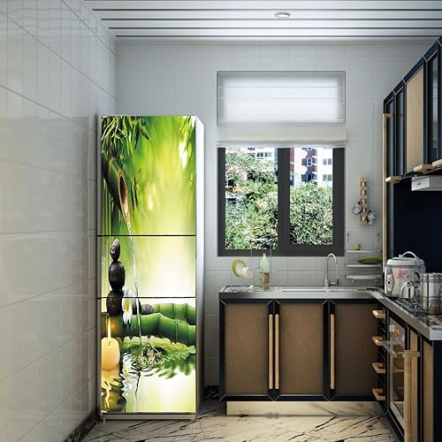 Stickers autocollants pour frigo, autocollant de réfrigérateur couvrant entièrement la porte du réfrigérateur, autocollants muraux pour décalcomanie de cuisine, bambou vert, eau qui coule silencieuse - Nail Gallerys