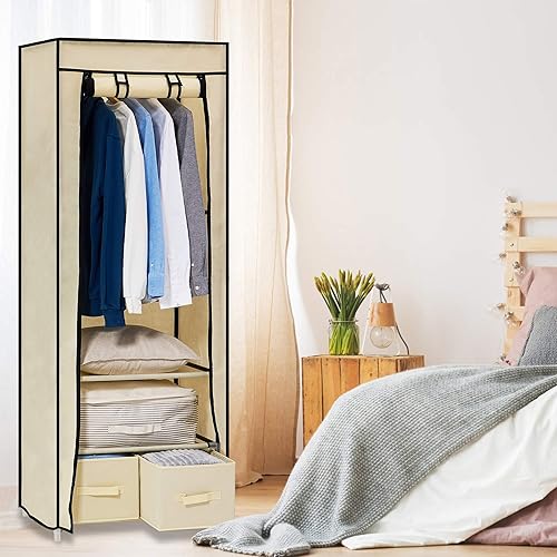 Hododou Armoire portable en toile avec 2 tiroirs et rail de suspension pliable pour vêtements, sacs, jouets, chaussures, salon, chambre à coucher 160 x 59 x 43 cm (Beige) - Nail Gallerys