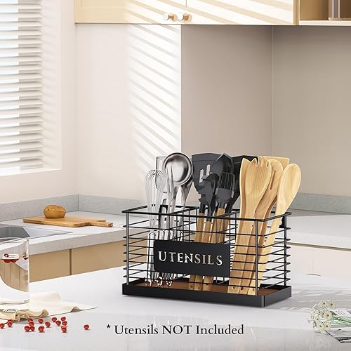 Grand porte-ustensiles pour comptoir de cuisine en métal noir - Organisateur d'ustensiles de cuisine pour comptoir - 3 compartiments - Support pour ustensiles de cuisine pour spatule, - Nail Gallerys