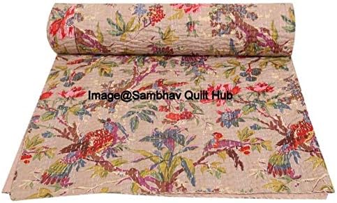 Couvre-lit beige fait à la main avec oiseaux de style bohème pour grand lit/lit simple/très grand lit – Couvre-lit fait à la main avec imprimé d'oiseaux Kantha – Couverture unique (228,6 x 274,3 cm) - Nail Gallerys