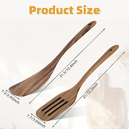 Gosknor 2 Pièces Spatule en Bois Cuisine, Solide et Fendue Ensemble de Spatule avec Long Manche Ustensiles de Cuisine en Bois pour Friture Pâtisserie Mélange Service - Nail Gallerys