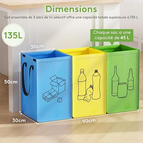 Lifewit Lot de 3 Sac Tri Selectif 60 L, Systèmes de Tri des Déchets, Poubelles Recyclage de 3 Couleurs pour Papiers, Carton, Plastiques, Verre, Bouteilles, Bac de Tri pour Cuisine, Exterieur - Nail Gallerys