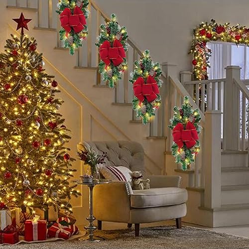 Couronne d'Escalier Pré-éclairée Avec Lumières Sans Fil - Décoration Classique de Noël pour Escaliers, Cheminées, Jardin (Rouge #2 Avec Lumière) - Nail Gallerys