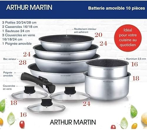 Arthur Martin AM167S Batterie de cuisine amovible 10 pièces Aluminium revêtement anti adhérent Poignée amovible tous feux dont induction - Nail Gallerys