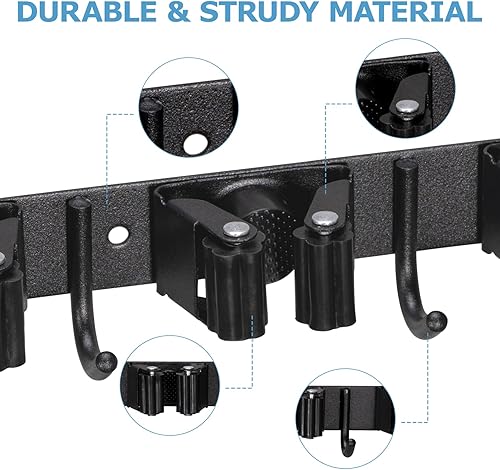 Carehabi Accroche Balai Mural, 5 Support Balais Mural et 4 Crochets Noir, Porte Balai avec Percage ou Adhésif san Percage, Organisateur pour Salle de bain, Garage, Outils de Jardinage, Cuisine - Nail Gallerys