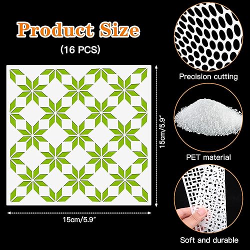 OOTSR 16 Pièces Pochoirs de Dessin de Peinture Meuble, 15x15cm Pochoirs de Peinture Géométriques Réutilisables Plastique, Modèle de Pochoir pour DIY Scrapbooking Bois Meubles Mur Maison Décor - Nail Gallerys