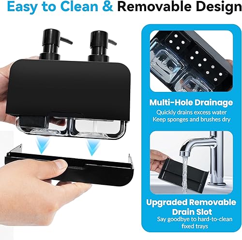 Ensemble distributeur de savon de cuisine 4 en 1 – Distributeur de savon à double main et vaisselle avec porte-éponge et porte-brosse – Organiseur d'évier de cuisine pour comptoir (noir) - Nail Gallerys