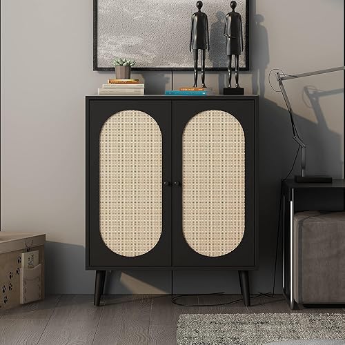 Buffet - Armoire de cuisine avec portes décoratives en rotin - Avec buffet et étagères réglables - 80 x 40 x 70 cm - Convient pour cuisine, salle à manger, salon, couloir - Noir - Nail Gallerys