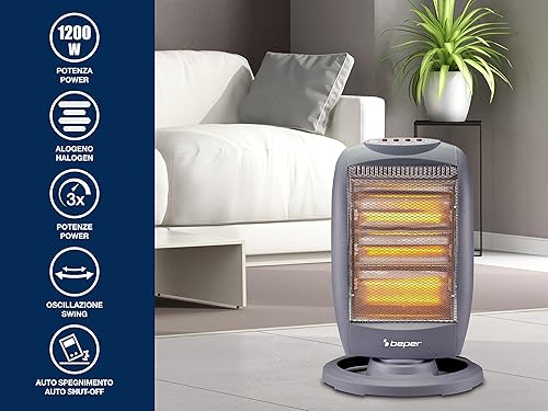 BEPER P203PAN011 Panneau radiant halogène, 400/800/1200W, 3 Eléments chauffants, 3 Niveaux de puissance, Oscillation horizontale automatique, Fonction ECO et Arrêt automatique, Gris - Nail Gallerys