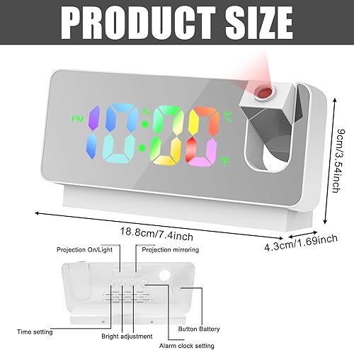 GOMETY Réveil avec projection, réveil miroir, avec affichage de la température et grand écran LED, rotatif à 180°, alimenté par USB, avec projection de plafond, chambre à coucher (blanc) - Nail Gallerys