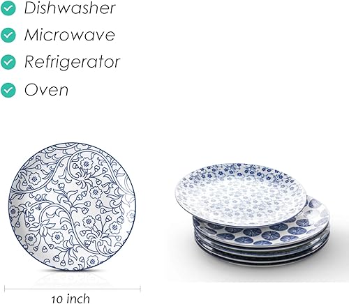 Selamica Lot de 6 grandes assiettes en porcelaine de 25,4 cm pour salade, crêpes, résistantes aux rayures, passent au micro-ondes, au four et au lave-vaisselle, bleu vintage - Nail Gallerys
