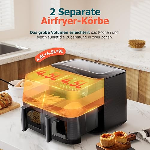 9L Dual Zone Air Fryer avec Fenêtre de Visualisation, Friteuse sans Huile avec 2 Tiroir, 9-in-1 Programmes de Cuisson, Écran Tactile, Fonction Rendez-vous, Faible en Grasses, Va au Lave-vaisselle - Nail Gallerys